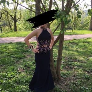 Navy with floral pattern prom dress